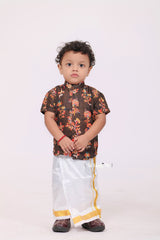 "Brown Hand Block Printed Ajrakh Mul Cotton Fabric Boys Shirt - Classic Design with Artisan Charm"