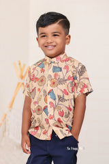 "Hand Block Printed Ajrakh Mul Cotton Boys Shirt in Cream - Classic Style with Traditional Craftsmanship"