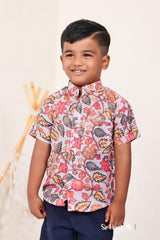 "Grey Hand Block Printed Ajrakh Mul Cotton Boys Shirt - Subtle Elegance with Artisan Detailing"