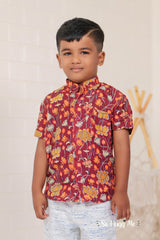 "Pure Mul Cotton Fabric Hand Block Printed Boys Shirt in Red - Vibrant and Crafted with Care"
