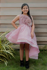 Pink Glitter High-Low Party Gown with Oversized 3D Rose Appliqué & Layered Skirt – Designer Sleeveless Dress for Girls Age 3 to 10 Years – Birthday, Wedding & Festive Wear
