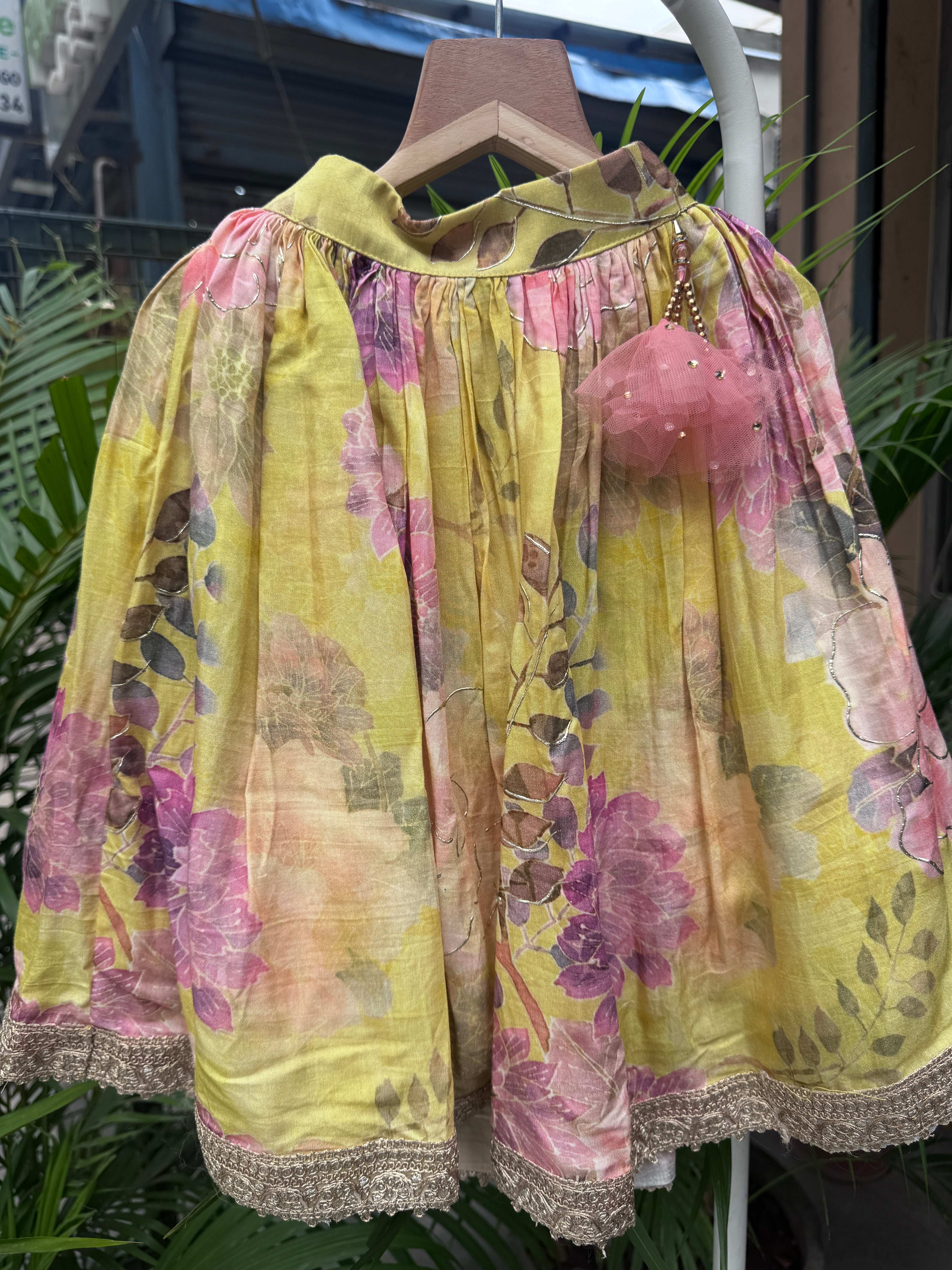 Mustard Yellow Floral Printed Lehenga Set with Sequin Embellished Sleeveless Blouse & Lace Hem – Premium Festive Wear for Girls | Ages 1–6 Years / 6–12 Years