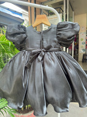 Black Puff-Sleeve Party Frock with 3D Metallic Rose & Heart Appliqué (1–4 Years)