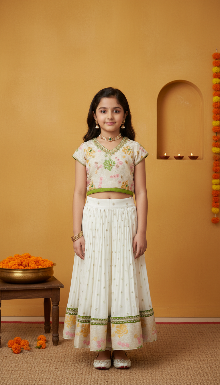 Whizzo Kids Ivory Floral Festive Lehenga Set for Girls – Elegant Embroidered Celebration Wear (Age 1 Year to 7 Years)