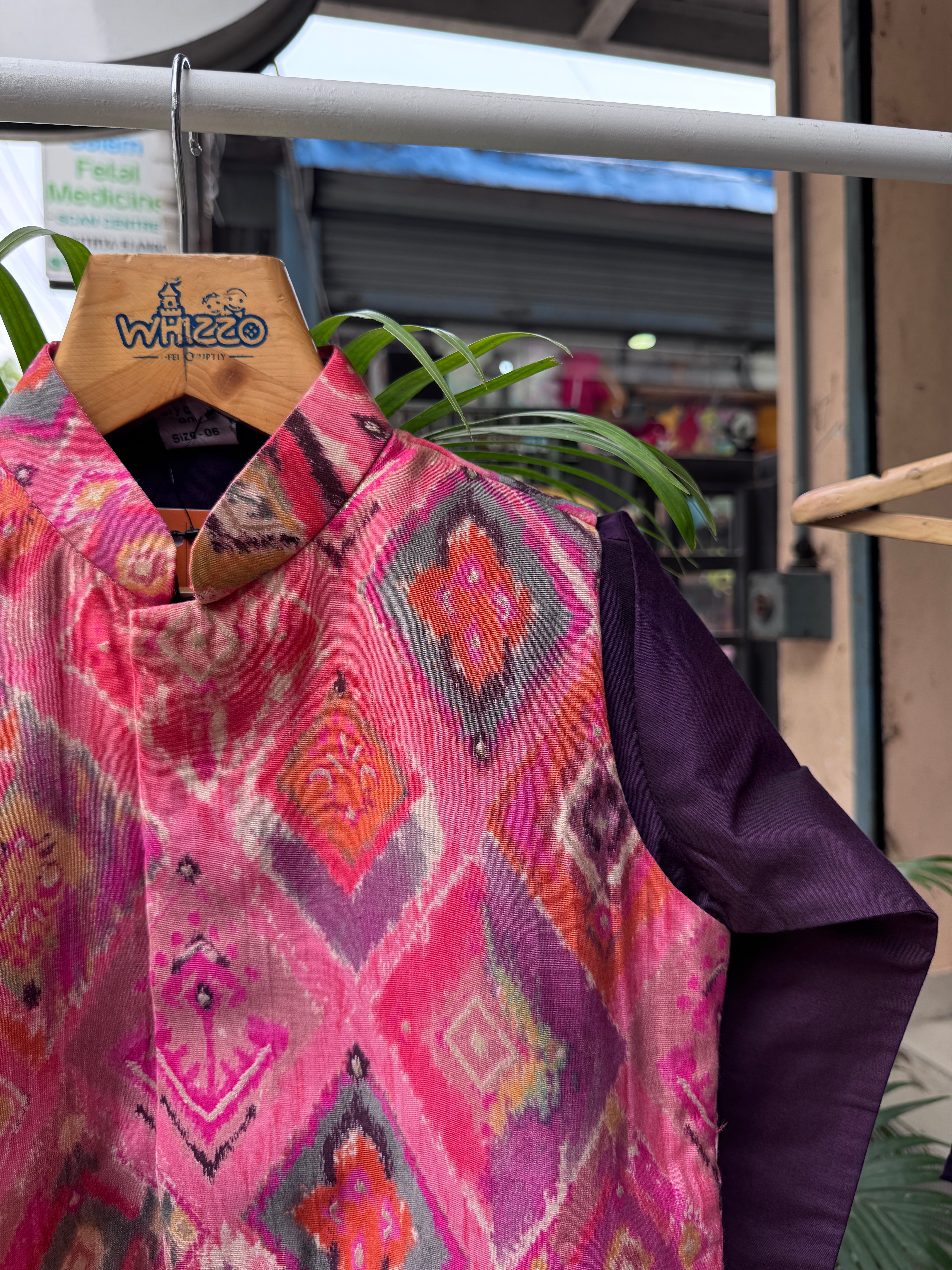 Boys Purple Kurta Set with Multicolor Ikat Print Nehru Jacket – Vibrant Festive & Party Wear (Age 5 to 7 Years)