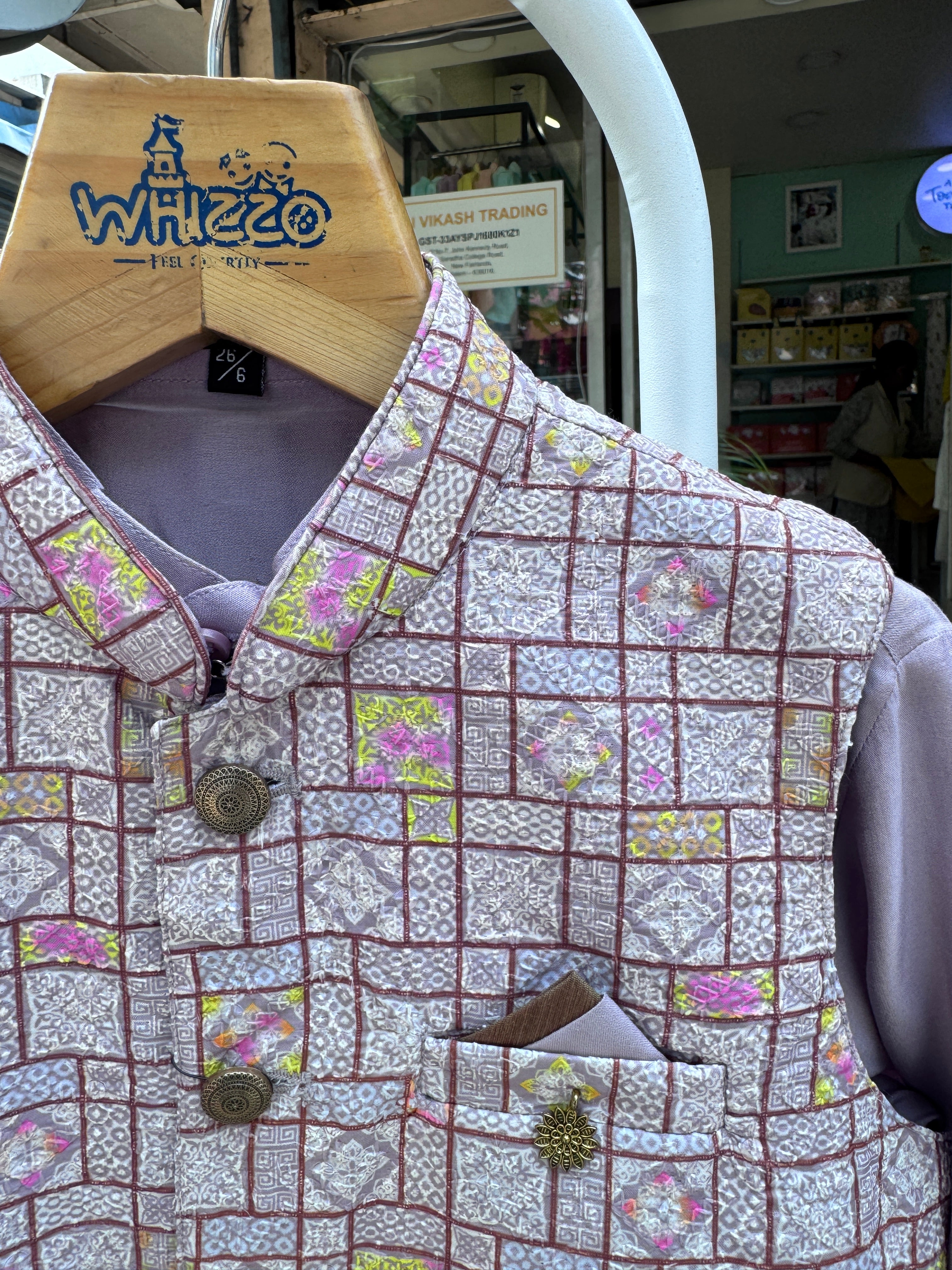 Boys Lilac Kurta Set with Textured Grid Brocade Nehru Jacket – Festive & Wedding Outfit with Cotton Lining (Age 5 to 7 Years)