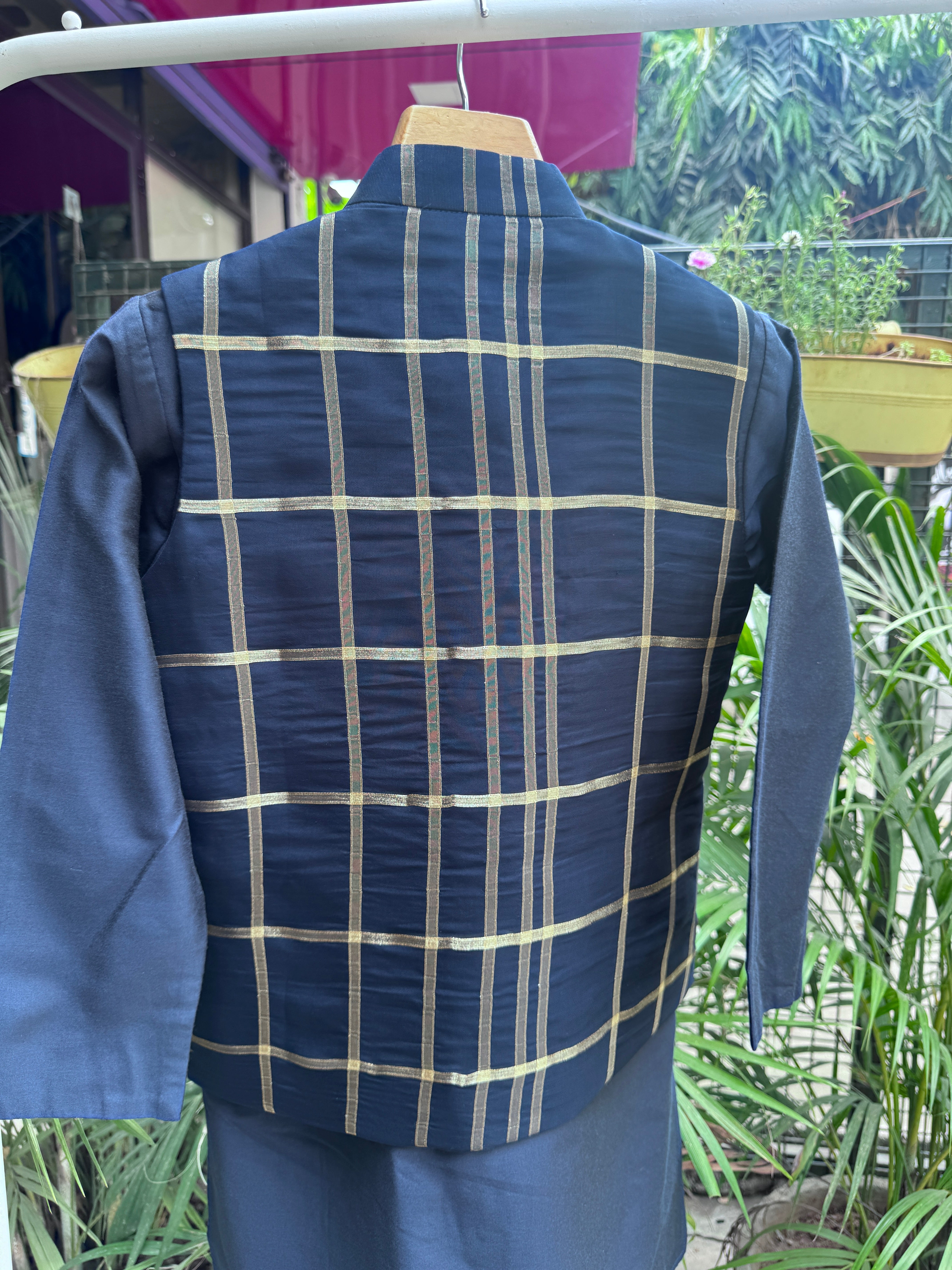 Boys Navy Blue Kurta Set with Gold Check Nehru Jacket – Premium Festive & Wedding Outfit (Age 5 to 7 Years)