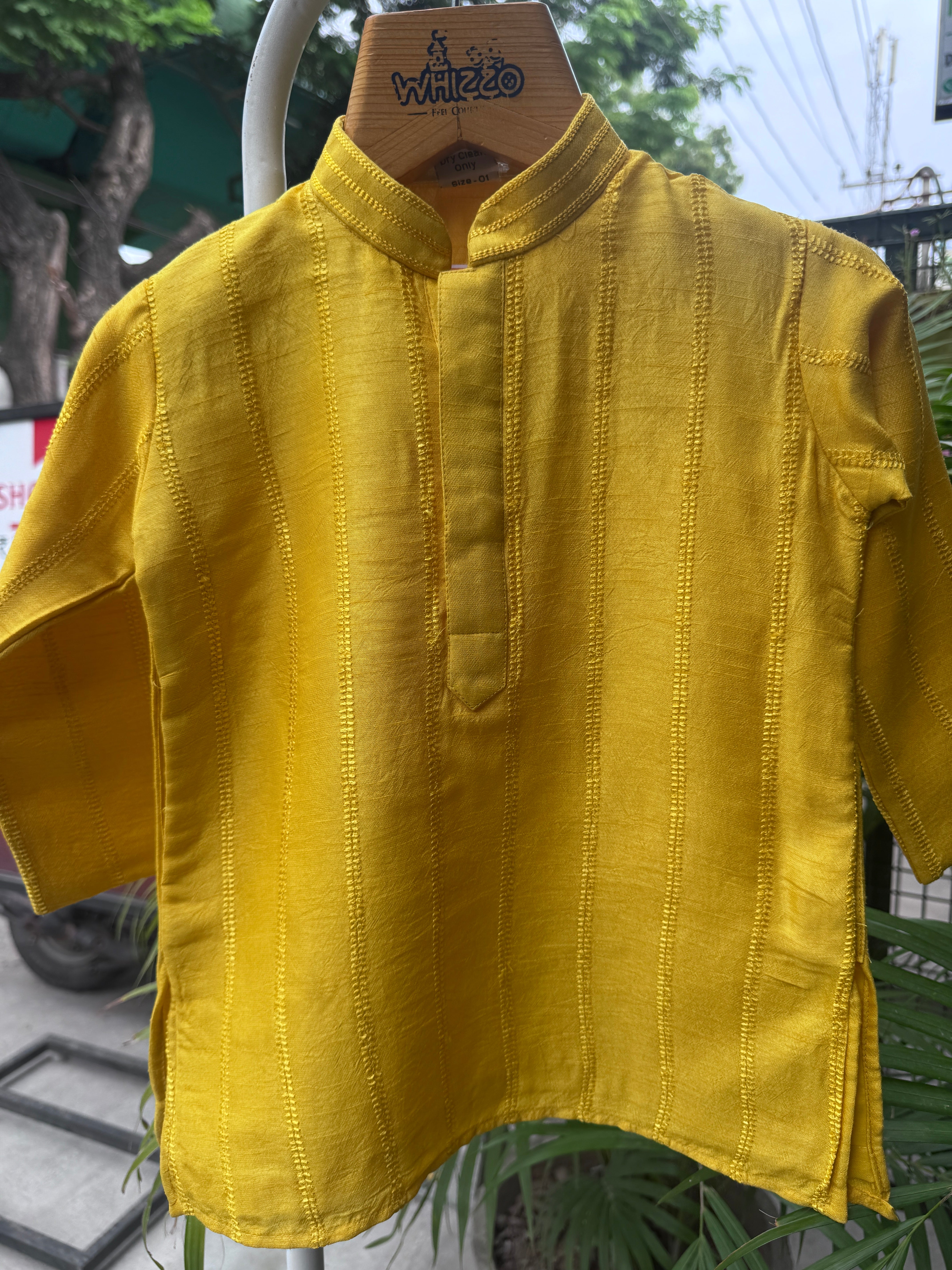 Boys Sunshine Yellow Textured Button Kurta Set With Cotton Lining – Elegant Festive & Haldi Wear (1–7 Years)