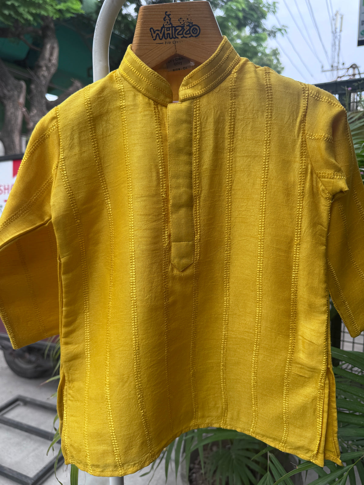 Boys Sunshine Yellow Textured Button Kurta Set With Cotton Lining – Elegant Festive & Haldi Wear (1–7 Years)