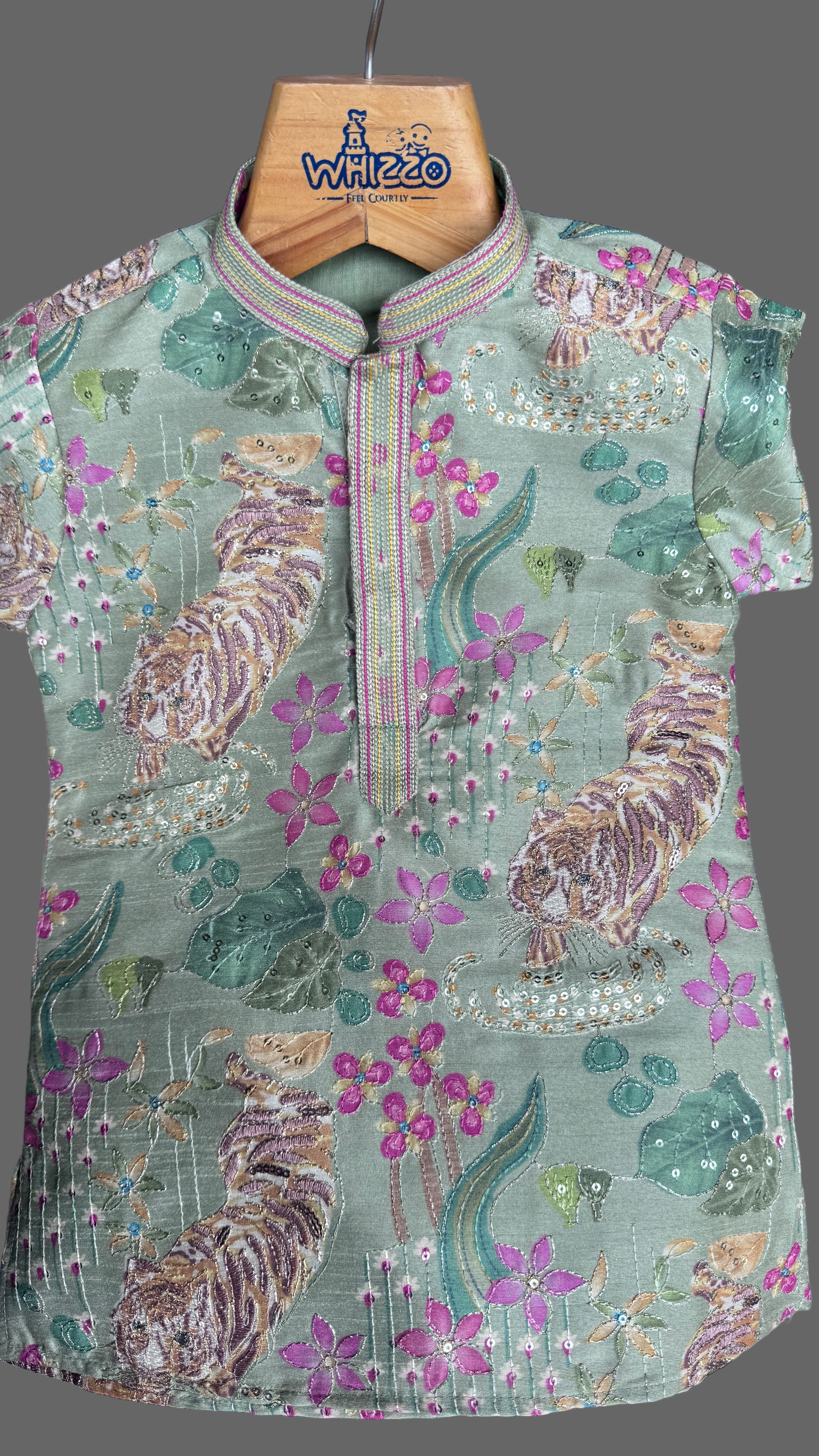 Boys Mint Green Tiger & Floral Embroidered Kurta Set With Cotton Lining – Premium Festive Wear (1–7 Years)