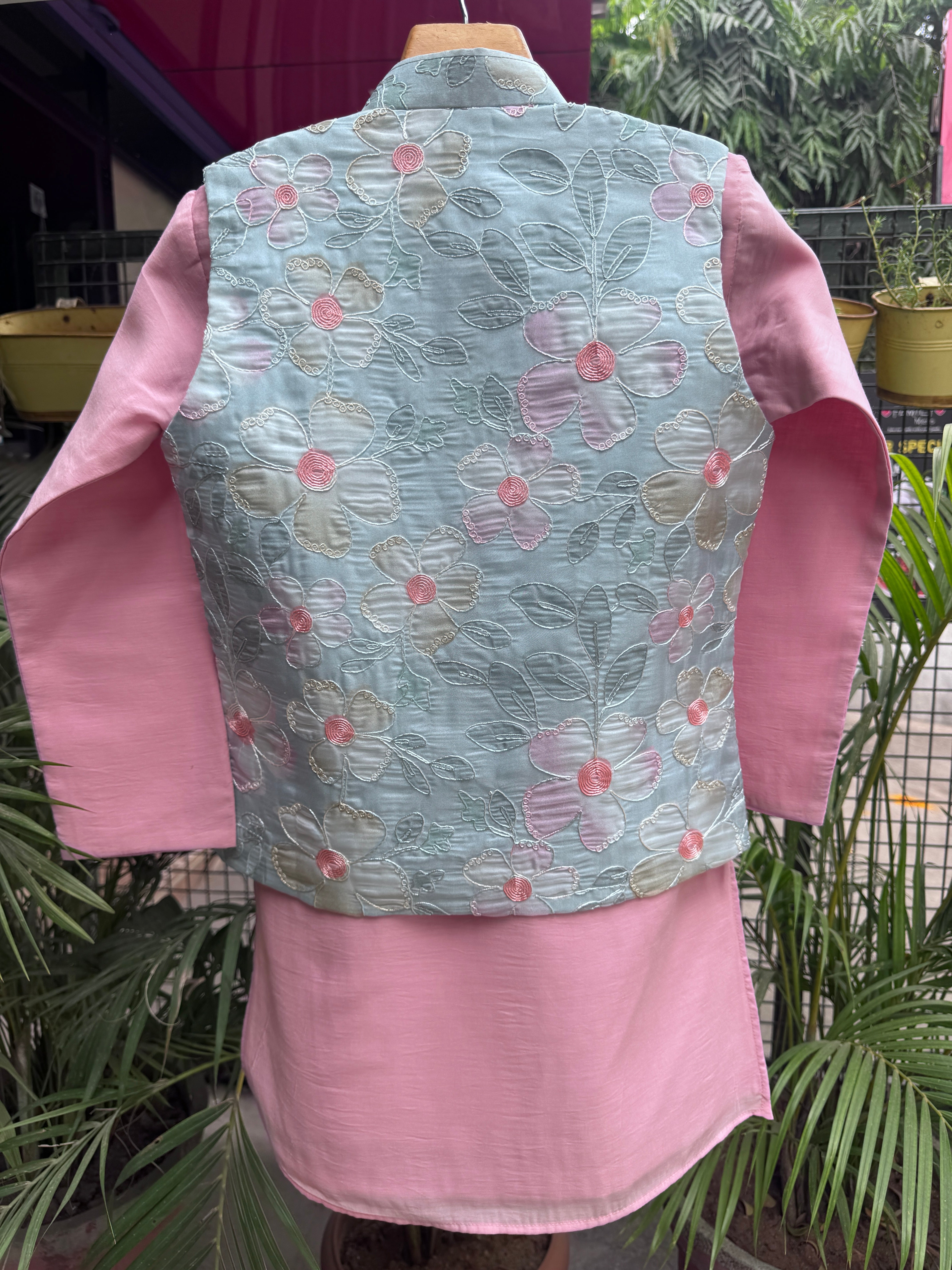 Boys Aqua Floral Nehru Jacket & Baby Pink Kurta Pajama Set | Premium Festive Ethnic Wear (5–7 Years) – With Soft Cotton Lining