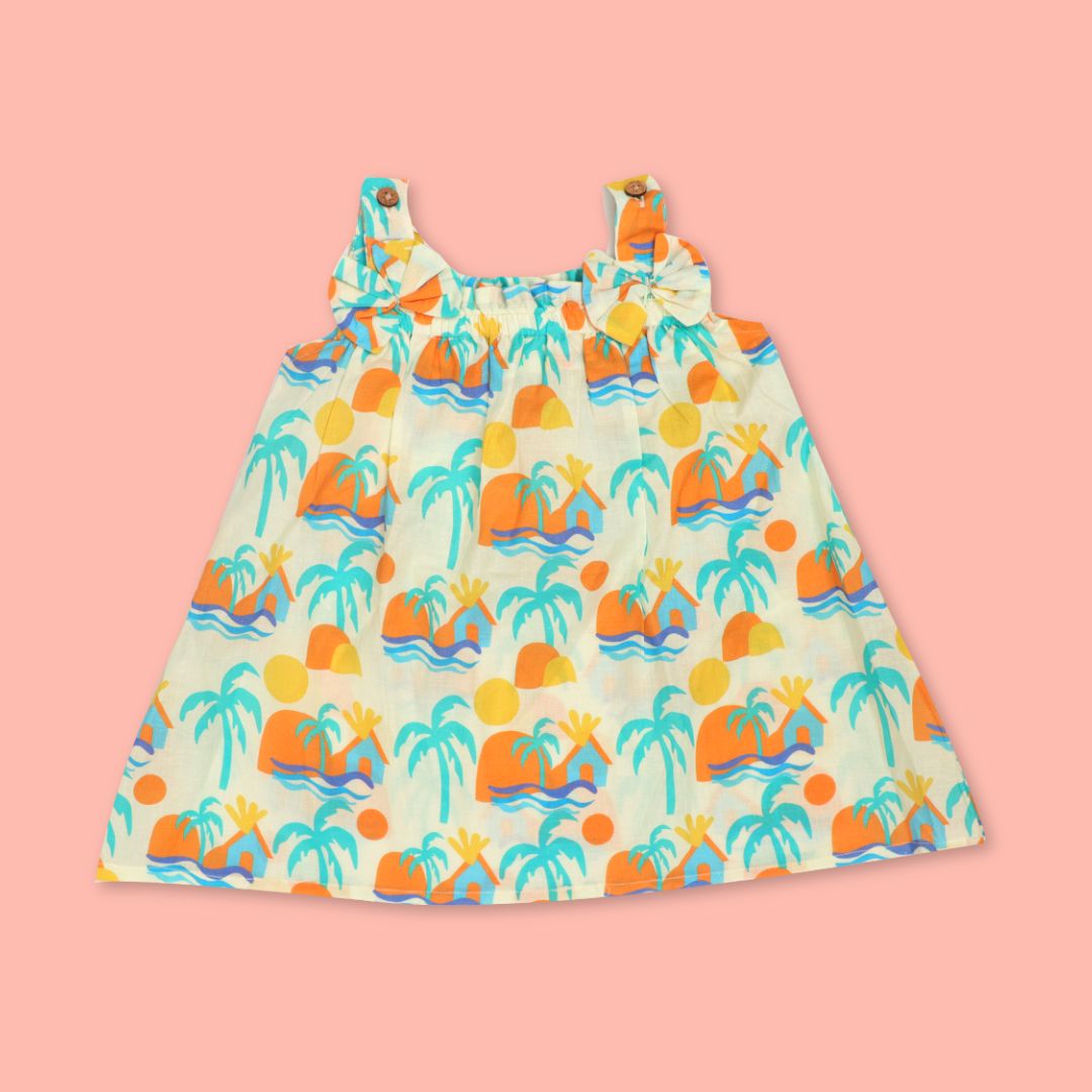 Breezy Leaf - Mulmul Cotton Sleeveless Bow Frock