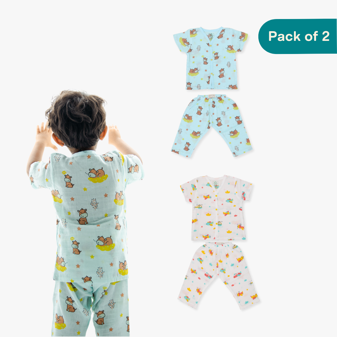 Hippo in the Sky (Pack of 2) - Muslin Sleep Suit for babies and kids (Unisex)