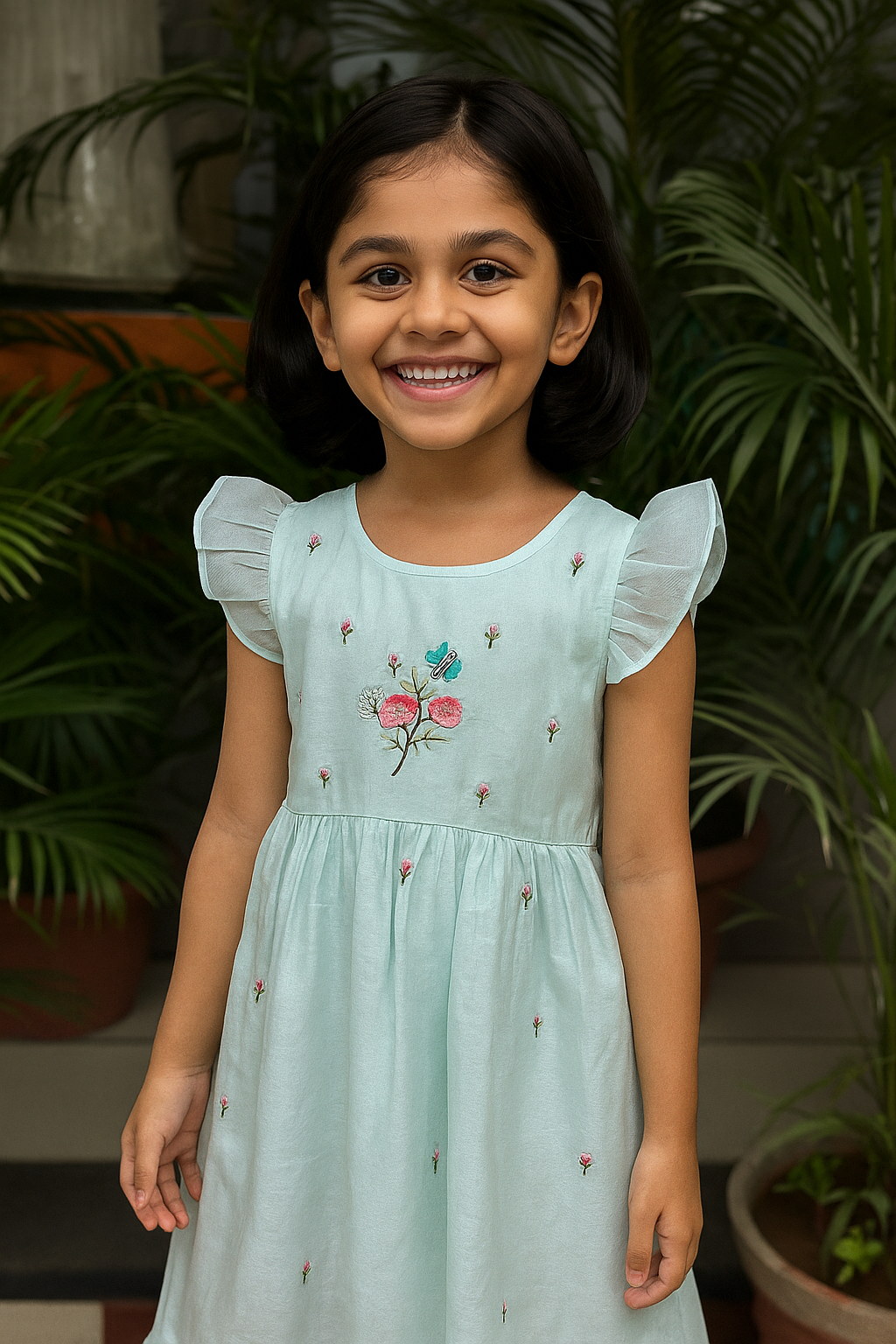 Mint Green Embroidered chandrei silk Cotton Dress for Girls (1–12 Years)