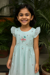 Mint Green Embroidered chandrei silk Cotton Dress for Girls (1–12 Years)