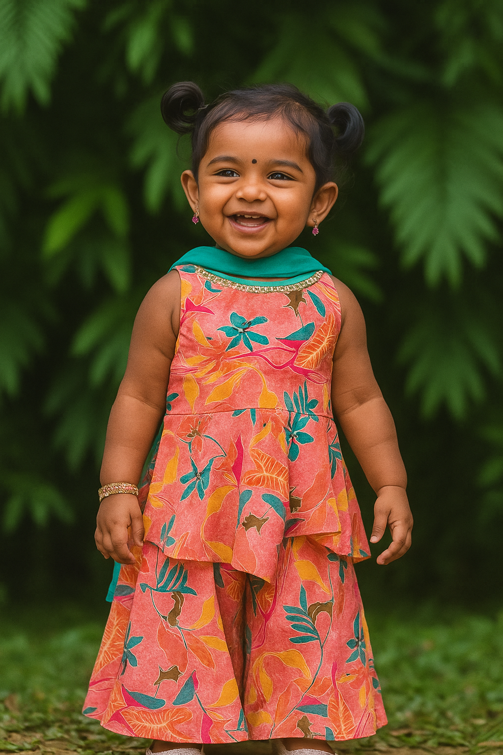 Coral Pink &amp; Teal Floral Palazzo/gharara/sharara  Set – For Baby Girls (6Month to 4years)