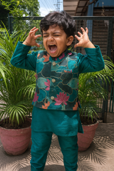 Teal Lotus Embroidered Jacket Set