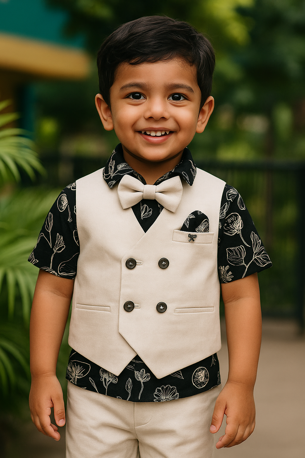 Classic Cream Kids Suit with Bow Tie