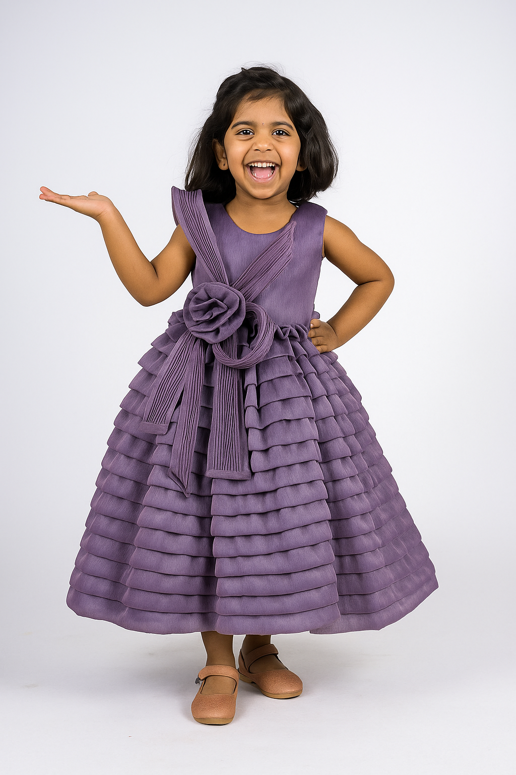 “Lavender Layered Ruffle Full-Length Party Gown with 3D Flower Bow – Elegant Sleeveless Dress for Girls Age 3 to 10 Years – Birthday, Wedding & Festive Wear”