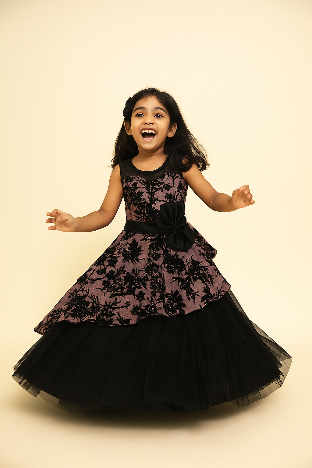 Black & Mauve Full-Length Party Gown with Floral Velvet Overlay, Layered Tulle Skirt & Waist Bow – Elegant Dress for Girls Age 3 to 10 Years – Birthday, Wedding & Festive Wear