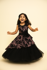 Black & Mauve Full-Length Party Gown with Floral Velvet Overlay, Layered Tulle Skirt & Waist Bow – Elegant Dress for Girls Age 3 to 10 Years – Birthday, Wedding & Festive Wear