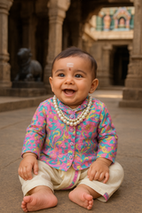 Royal Temple Vibes Baby Boys Kurta Set in Pastel Floral Weave with Ivory Dhoti | Traditional Festive Outfit for 6 Months – 2 Years