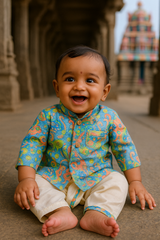 Regal Peacock Blue Baby Boys Kurta Set with Ivory Dhoti | Handwoven Festive Outfit for 6 Months – 2 Years