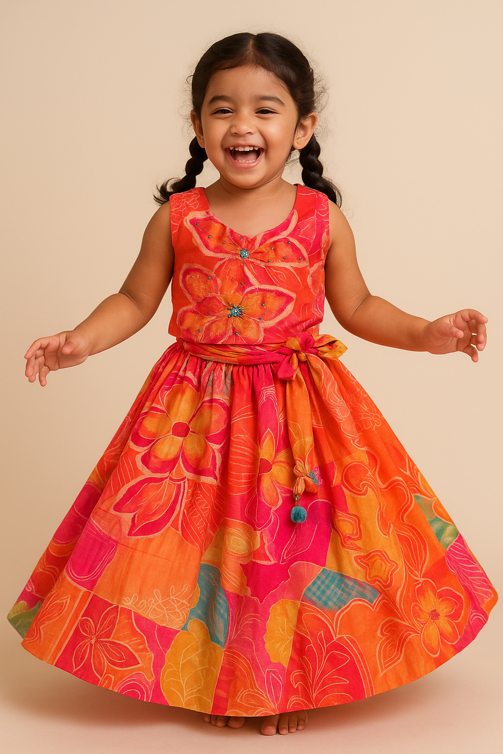 Sunset Bloom Floral Modal Silk Lehenga Set for Girls (Age 1–6 Years) – Ultra Soft & Lightweight Festive Wear