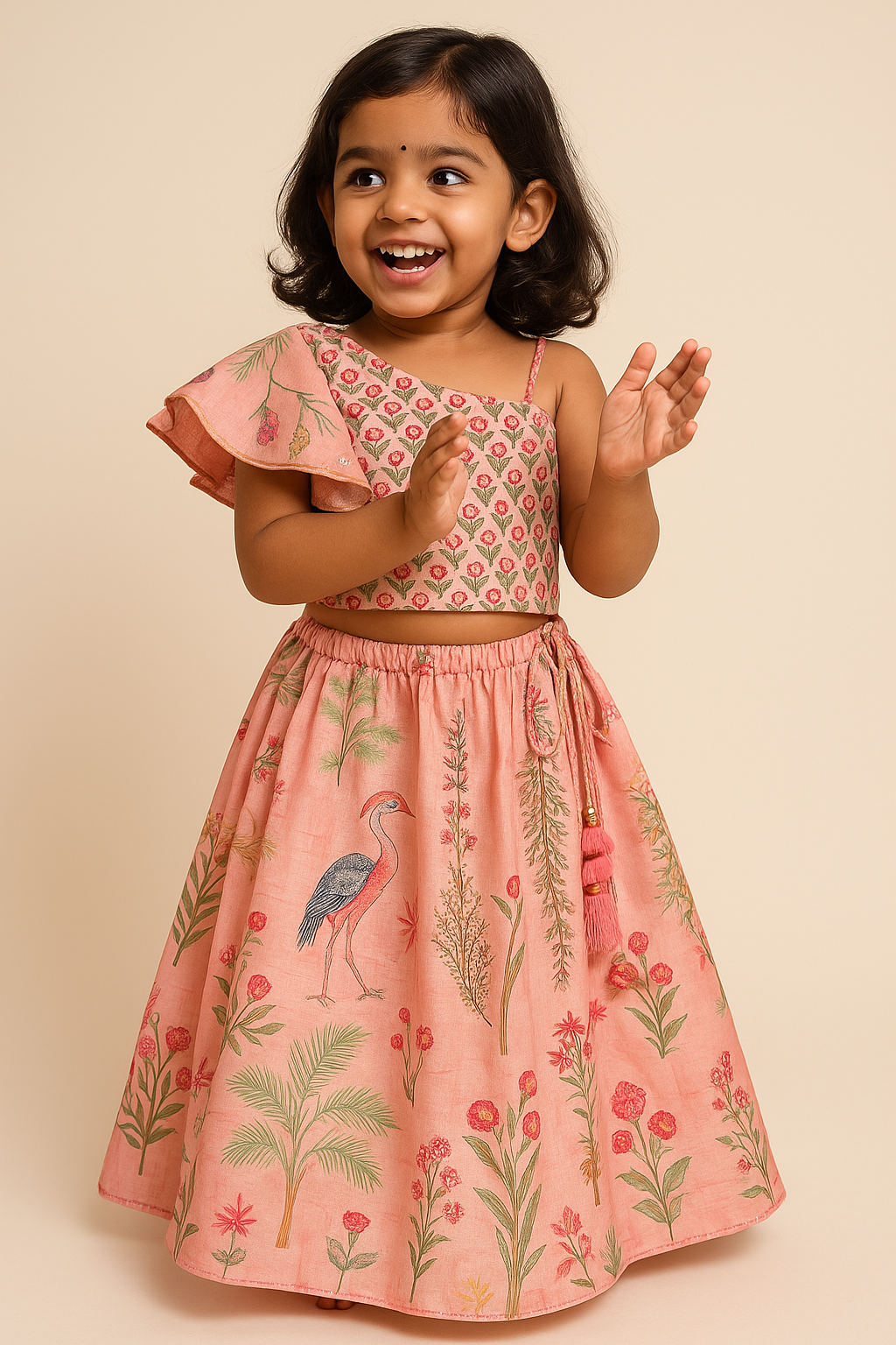 Peach Blossom Flamingo Print Modal Silk Lehenga with One-Shoulder Ruffle Blouse for Girls (Age 1–6 Years) – Ultra Soft & Lightweight