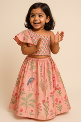 Peach Blossom Flamingo Print Modal Silk Lehenga with One-Shoulder Ruffle Blouse for Girls (Age 1–6 Years) – Ultra Soft & Lightweight