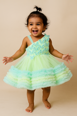 Mint Green Butterfly Appliqué One-Shoulder Tulle Party Gown with Layered Ruffle Skirt for Girls (Age 1 – 5 Years)