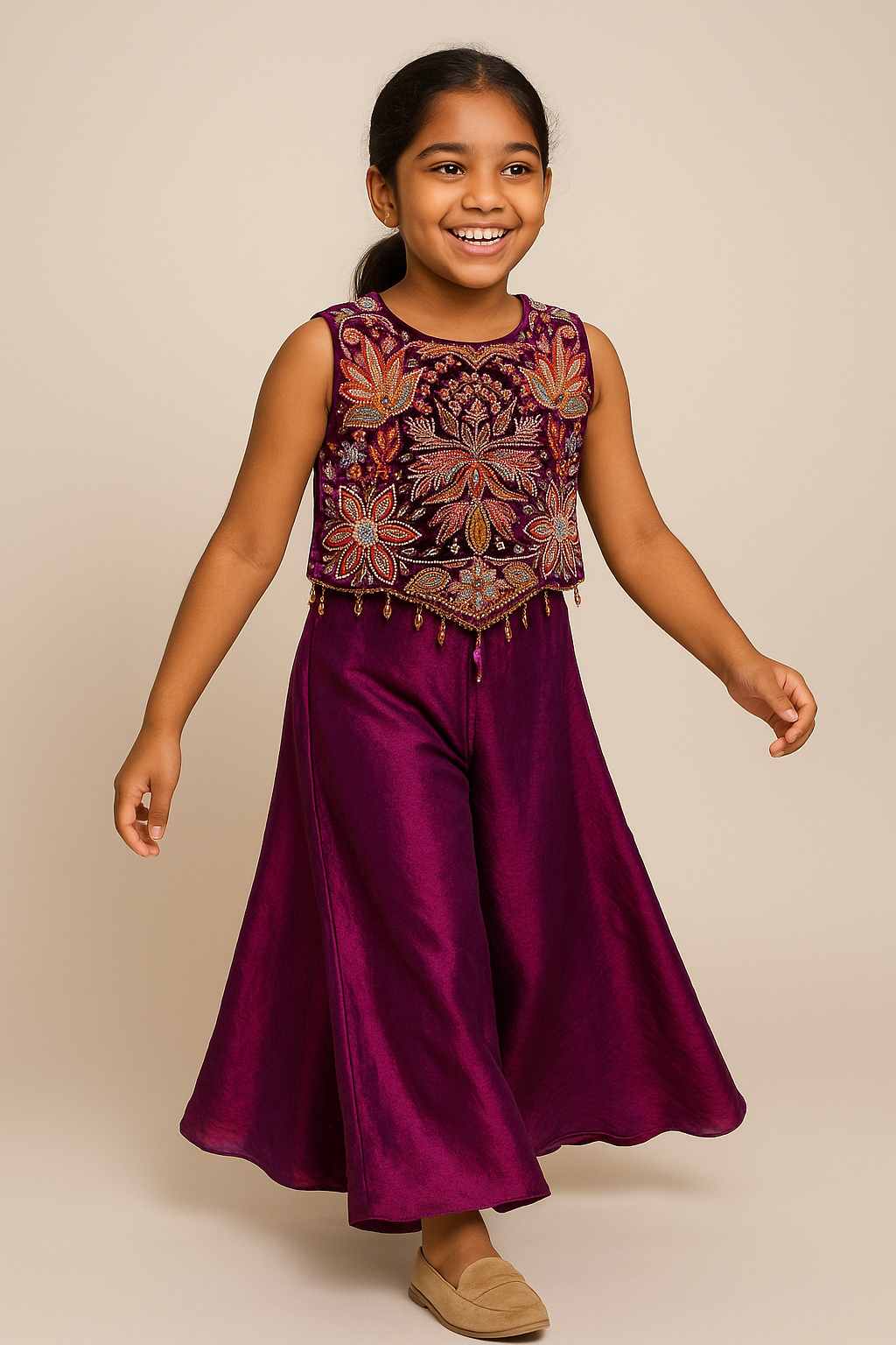 Plum Purple Embroidered Crop Top with Flowing Palazzo Pants – Festive & Party Wear Set for Girls (Age 5 – 16 Years)