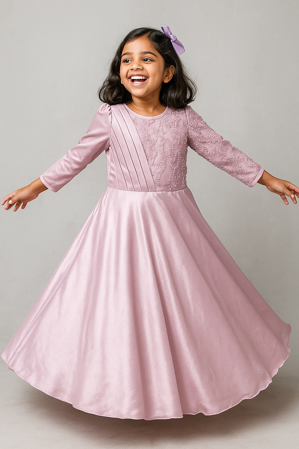 Elegant Peach Full-Length Party Gown with Bow – Age 3 to 10 Years