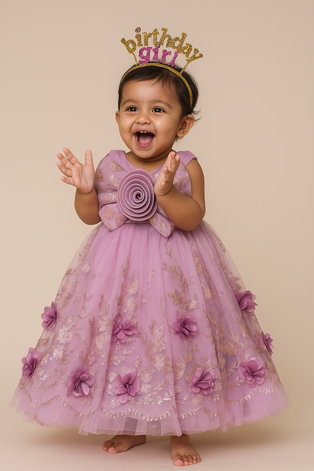 Baby Girls Lavender Birthday Gown with Oversized Bow & 3D Floral Appliqué – Sparkling Party Wear Dress (Age 1 to 3 Years)