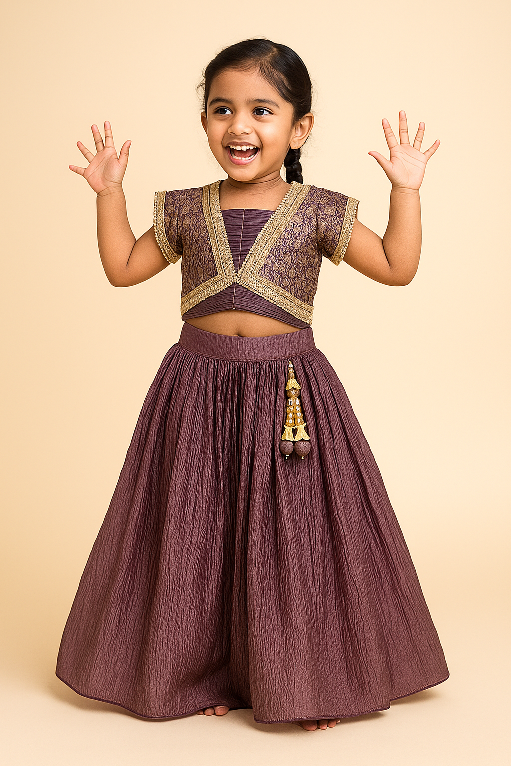 Designer Purple Silk Lehenga Choli Set with Golden Lace Detailing, Stylish Crop Top with Tassel Accents & Flared Skirt – Traditional & Party Wear Outfit for Girls (Age 1 – 6 Years) | WHIZZO Kids