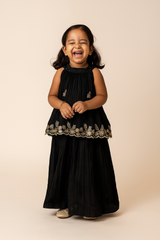 Designer Black Palazzo Set with Golden Floral Embroidered Kurta Top & Flowing Pleated Pants – Elegant Ethnic & Party Wear Outfit for Baby Girls and Kids (Age 1 – 6 Years) | WHIZZO Kids
