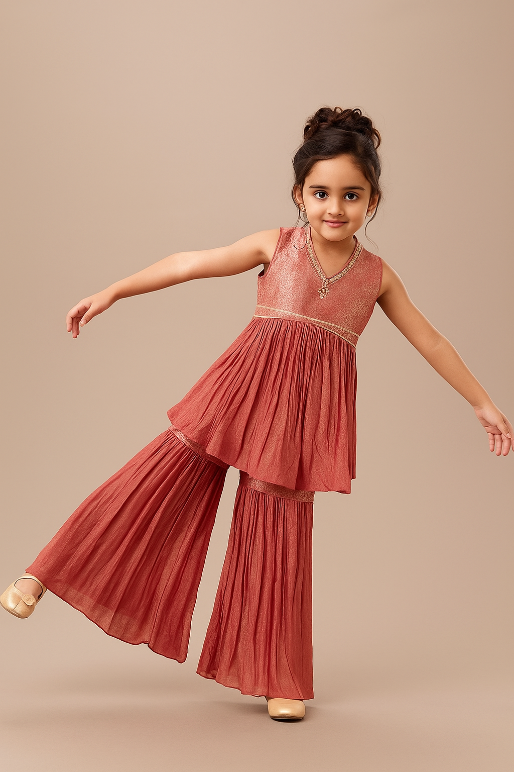 Girls Rusty Rose Layered Kurta with Palazzo – Elegant Ethnic & Party Wear Set (Age 1 to 7 Years)
