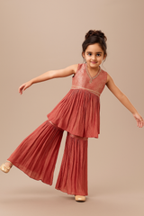 Girls Rusty Rose Layered Kurta with Palazzo – Elegant Ethnic & Party Wear Set (Age 1 to 7 Years)
