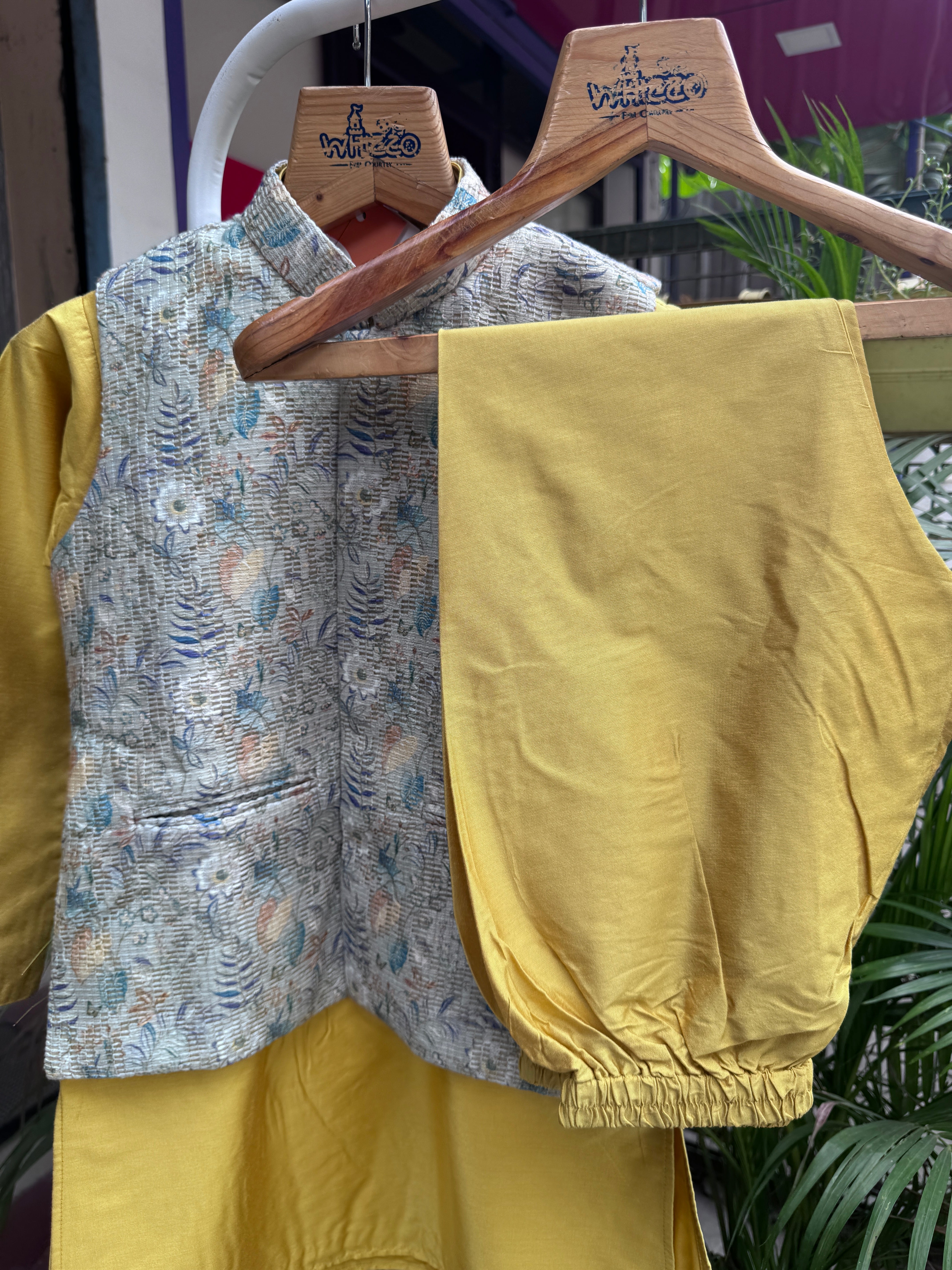 Boys Mustard Kurta Set With Pastel Floral Embroidered Jacket – Cotton-Lined Premium Festive Wear (Age 5–7 Years)