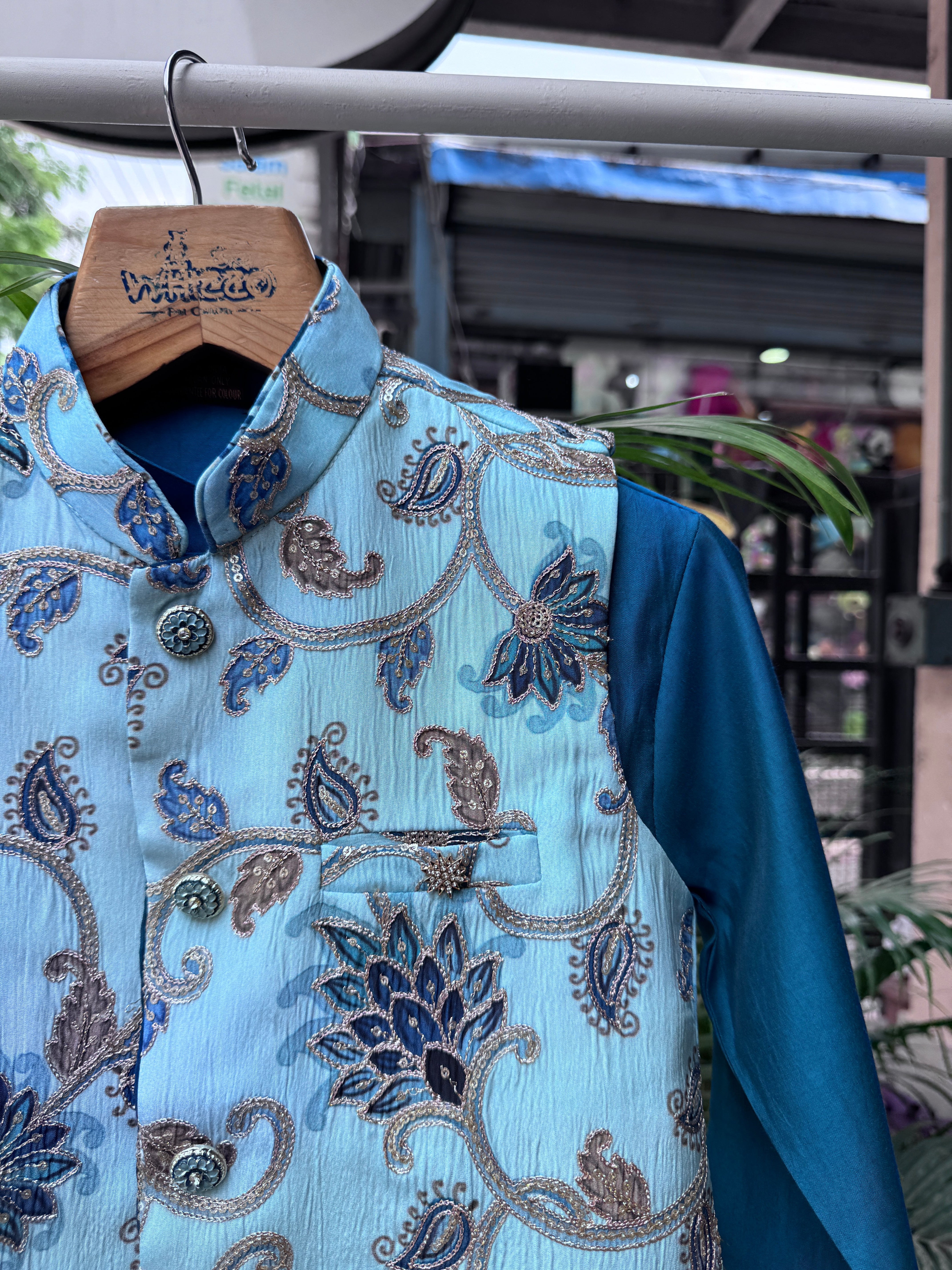 Boys Teal Blue Kurta Set with Light Blue Paisley Nehru Jacket – Stylish Festive & Party Wear (Age 5 to 7 Years)