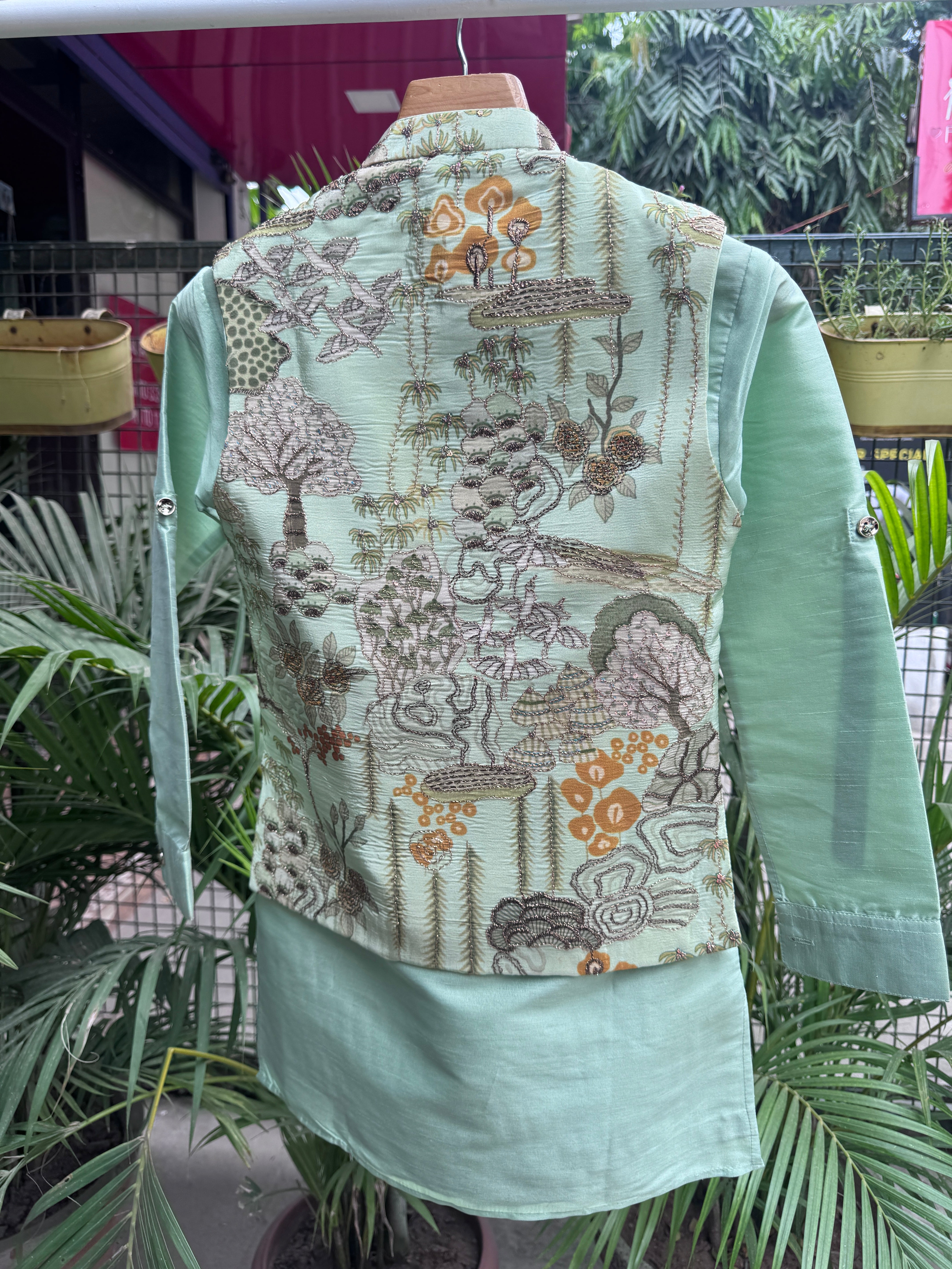 Boys Mint Green Kurta Set with Embroidered Elephant Print Nehru Jacket – Premium Festive Outfit with Cotton Lining (Age 1 to 7 Years)