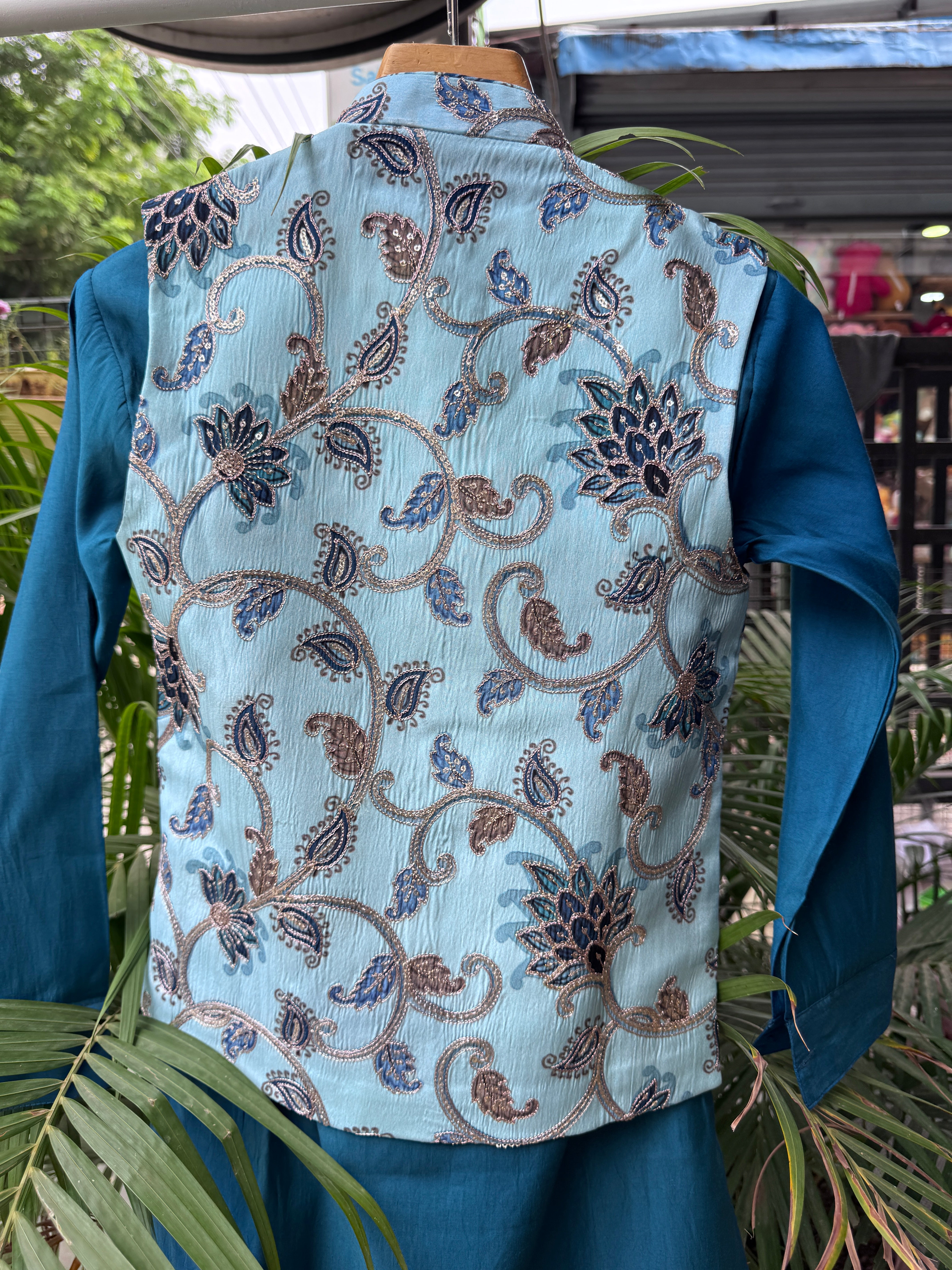 Boys Teal Blue Kurta Set with Light Blue Paisley Nehru Jacket – Stylish Festive & Party Wear (Age 5 to 7 Years)