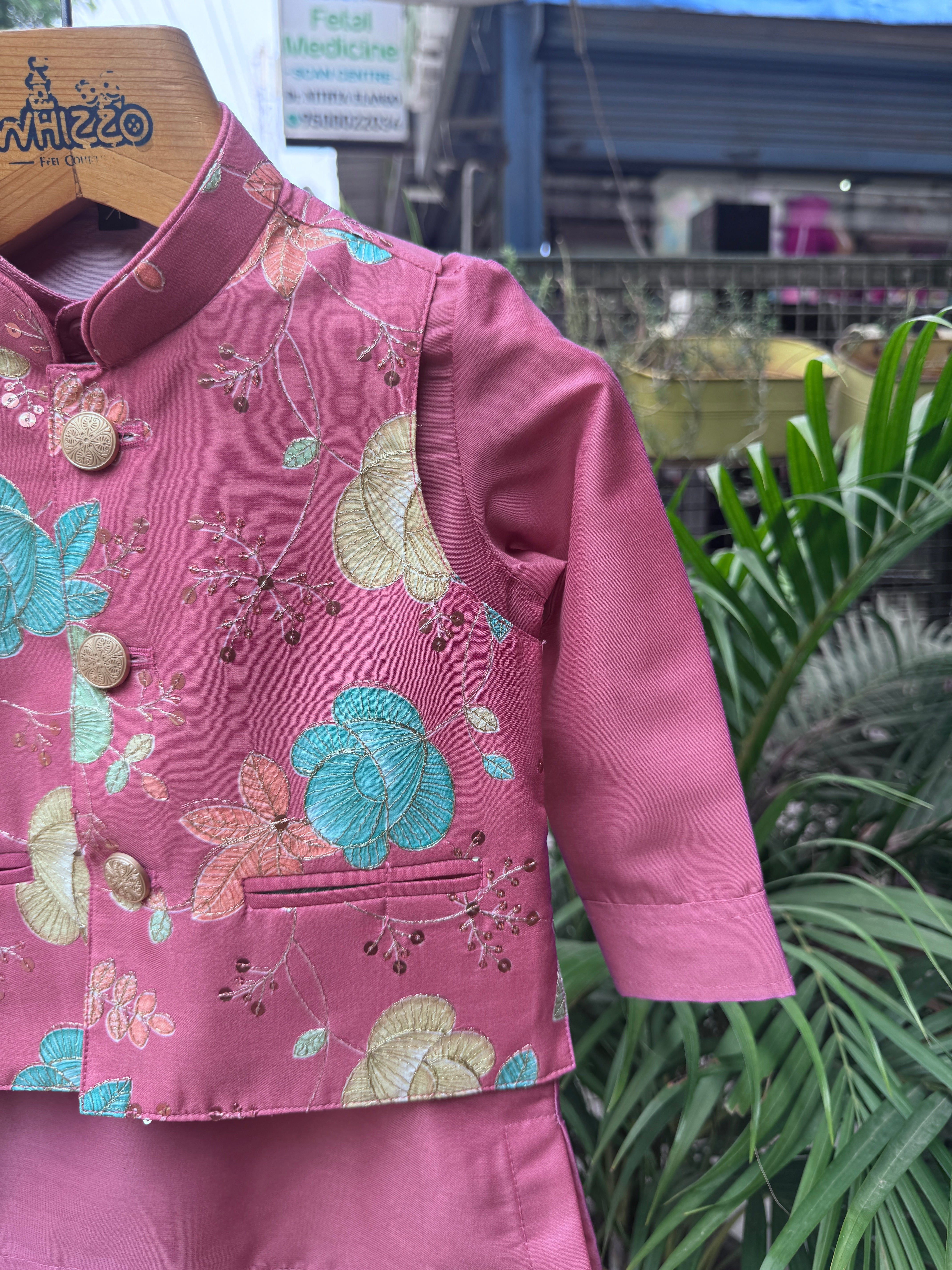 Pink Floral Embroidered Jacket Set – Vibrant Celebration Wear (Cotton Lined)