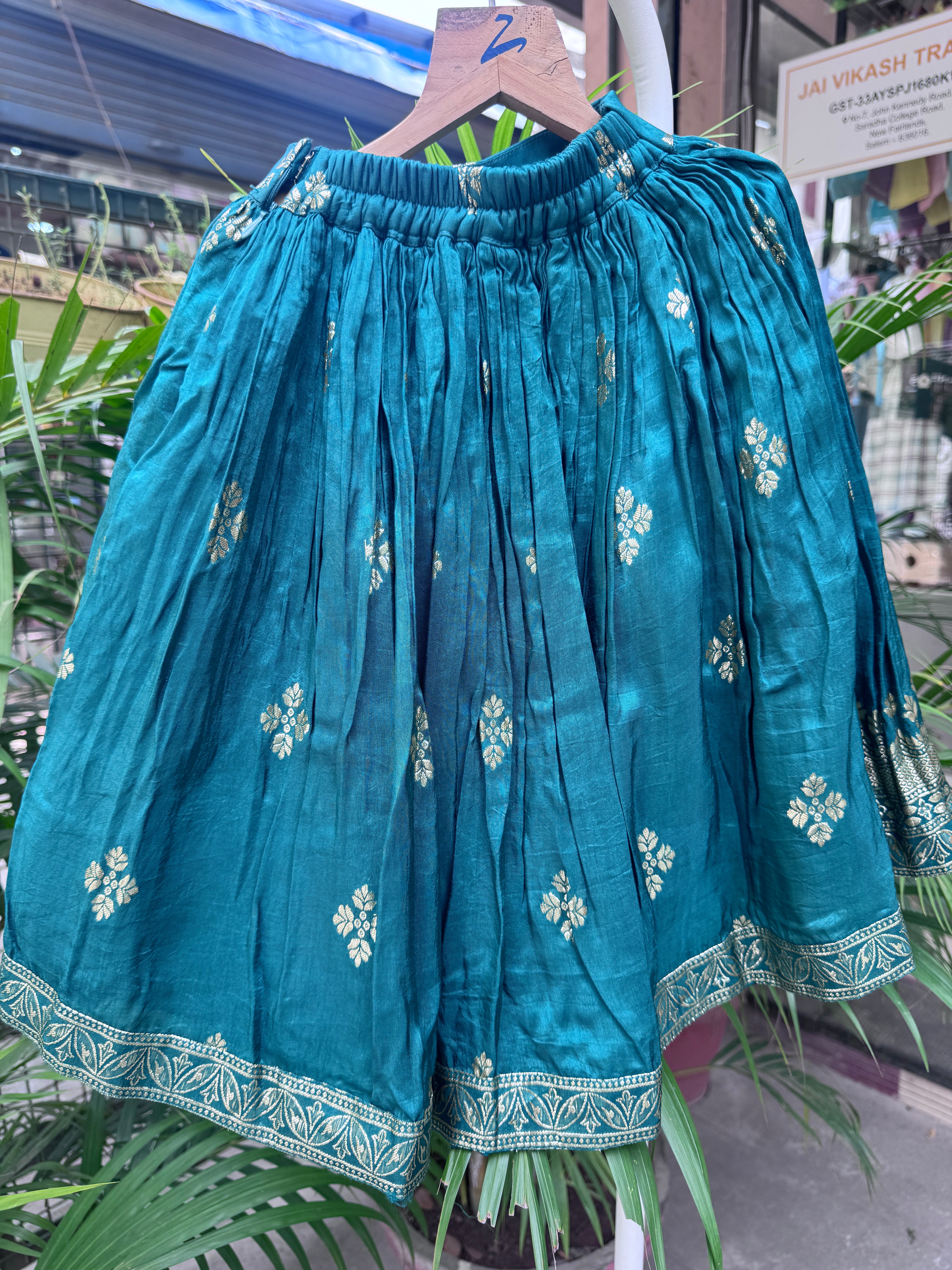 Peacock blue zari border lehengaEmerald Green Traditional Foil Print Lehenga & Embroidered Blouse Set for Girls | Festive Ethnic Wear | Ages 1–6 Years