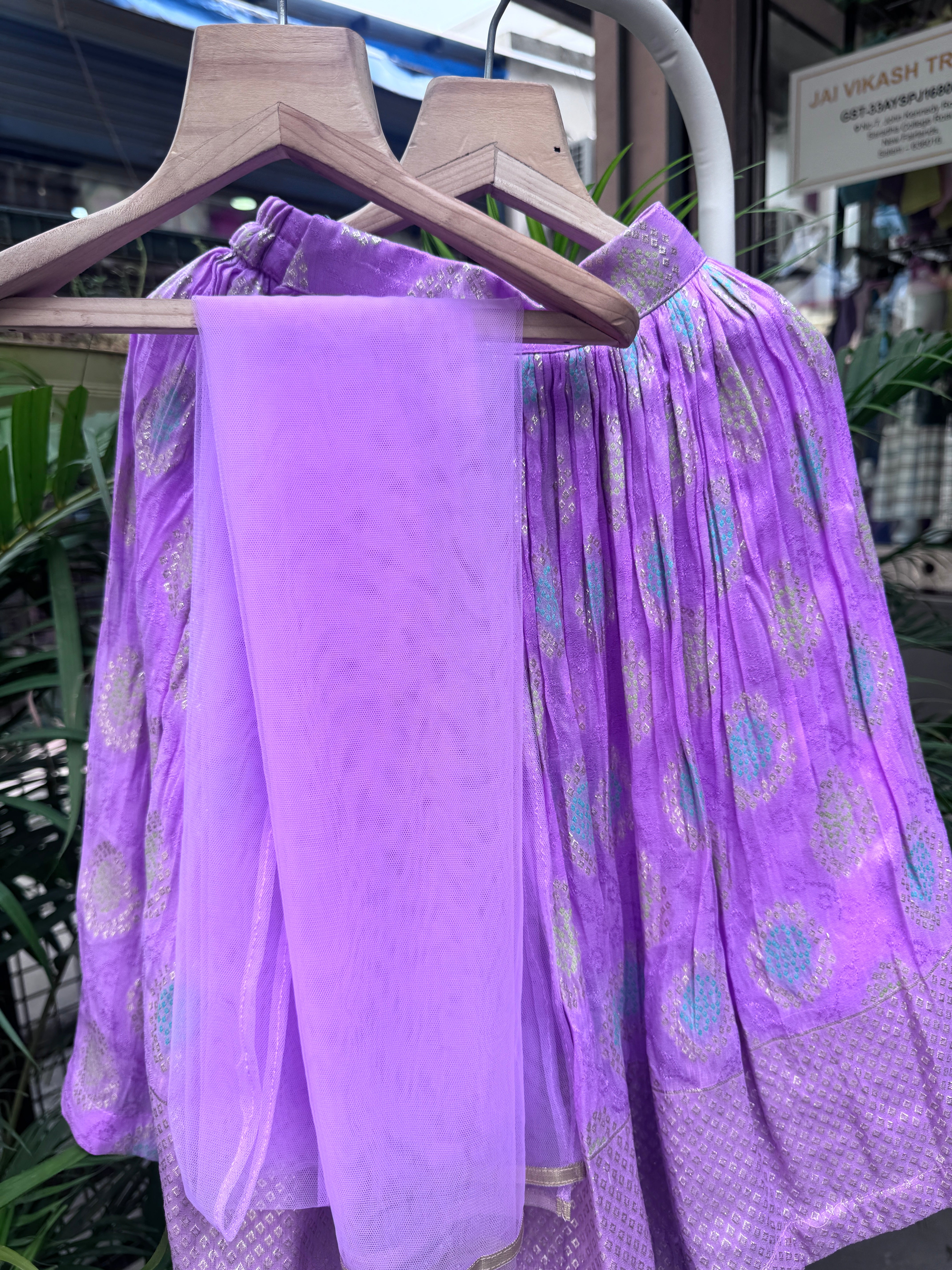 Lavender Zari Embroidered Pleated Lehenga With Designer Crop Top – Festive Ethnic Set for Girls (Age 1–6 Years)