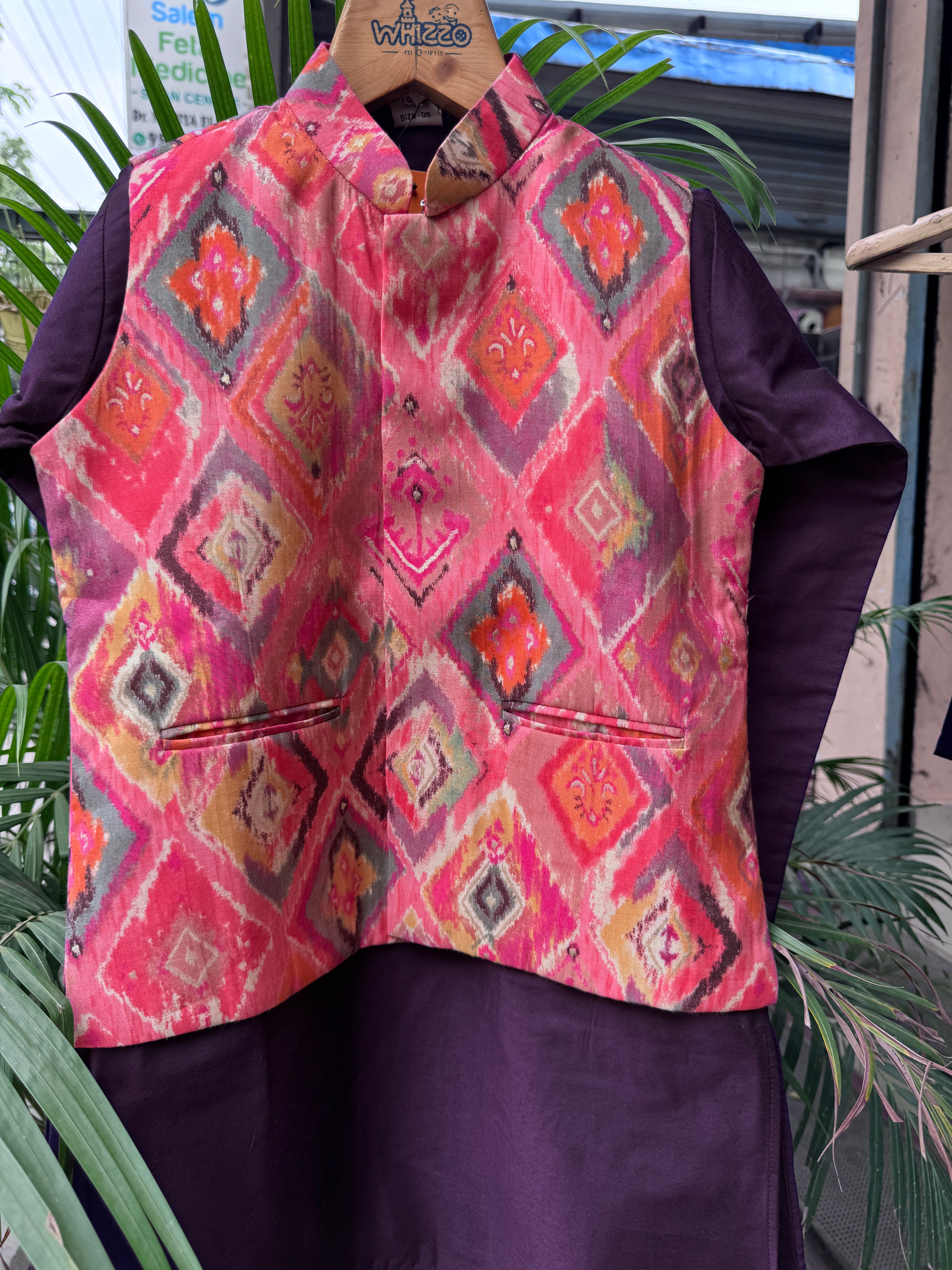 Boys Purple Kurta Set with Multicolor Ikat Print Nehru Jacket – Vibrant Festive & Party Wear (Age 5 to 7 Years)
