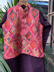 Boys Purple Kurta Set with Multicolor Ikat Print Nehru Jacket – Vibrant Festive & Party Wear (Age 5 to 7 Years)