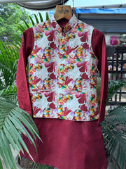 Boys Maroon Kurta Set with White Floral Embroidered Nehru Jacket – Stylish Festive & Party Wear (Age 5 to 7 Years)