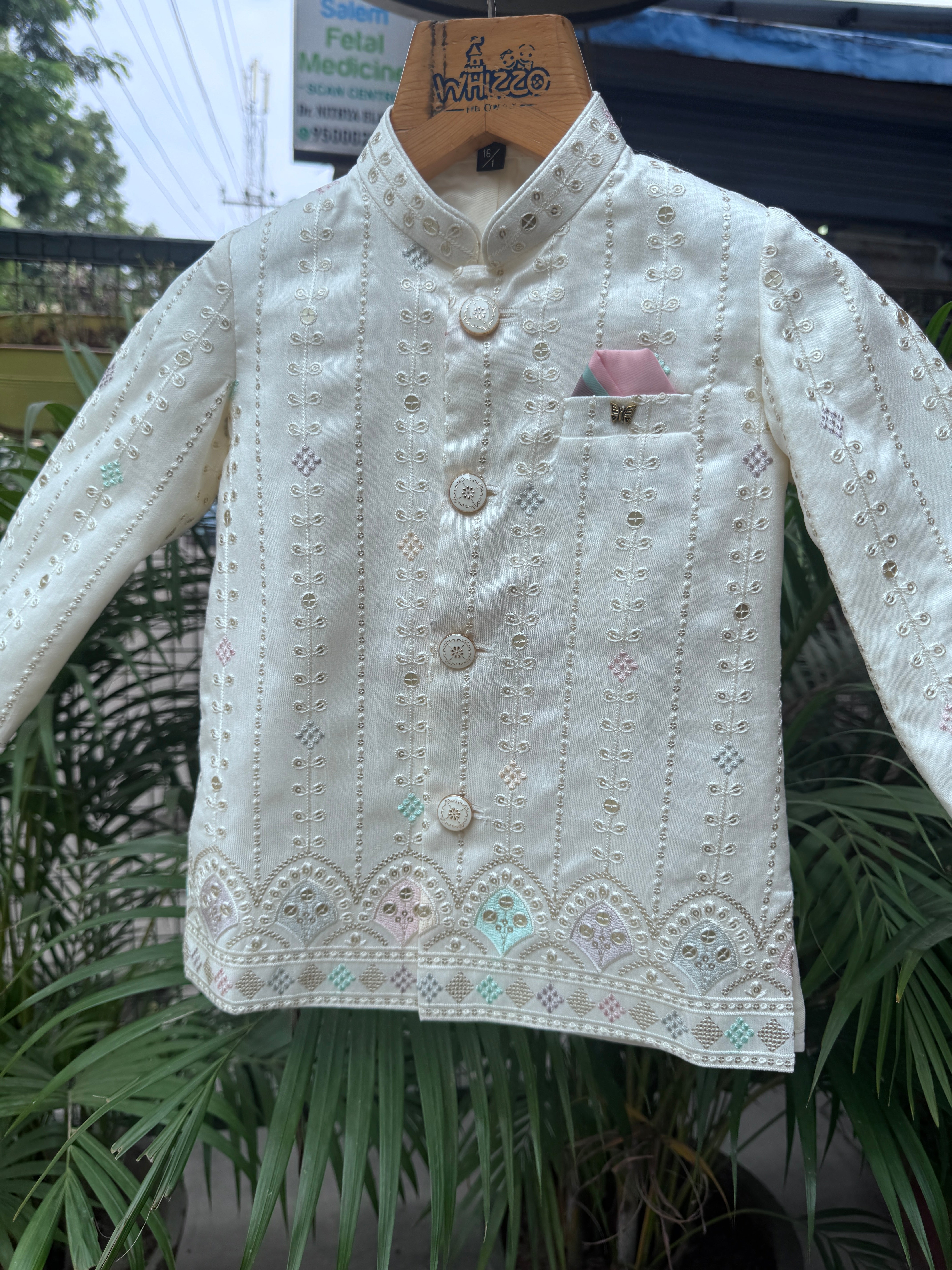 Ivory Hand-Embroidered Kurta Jacket Set – Soft Pastel Classic (Cotton Lining)