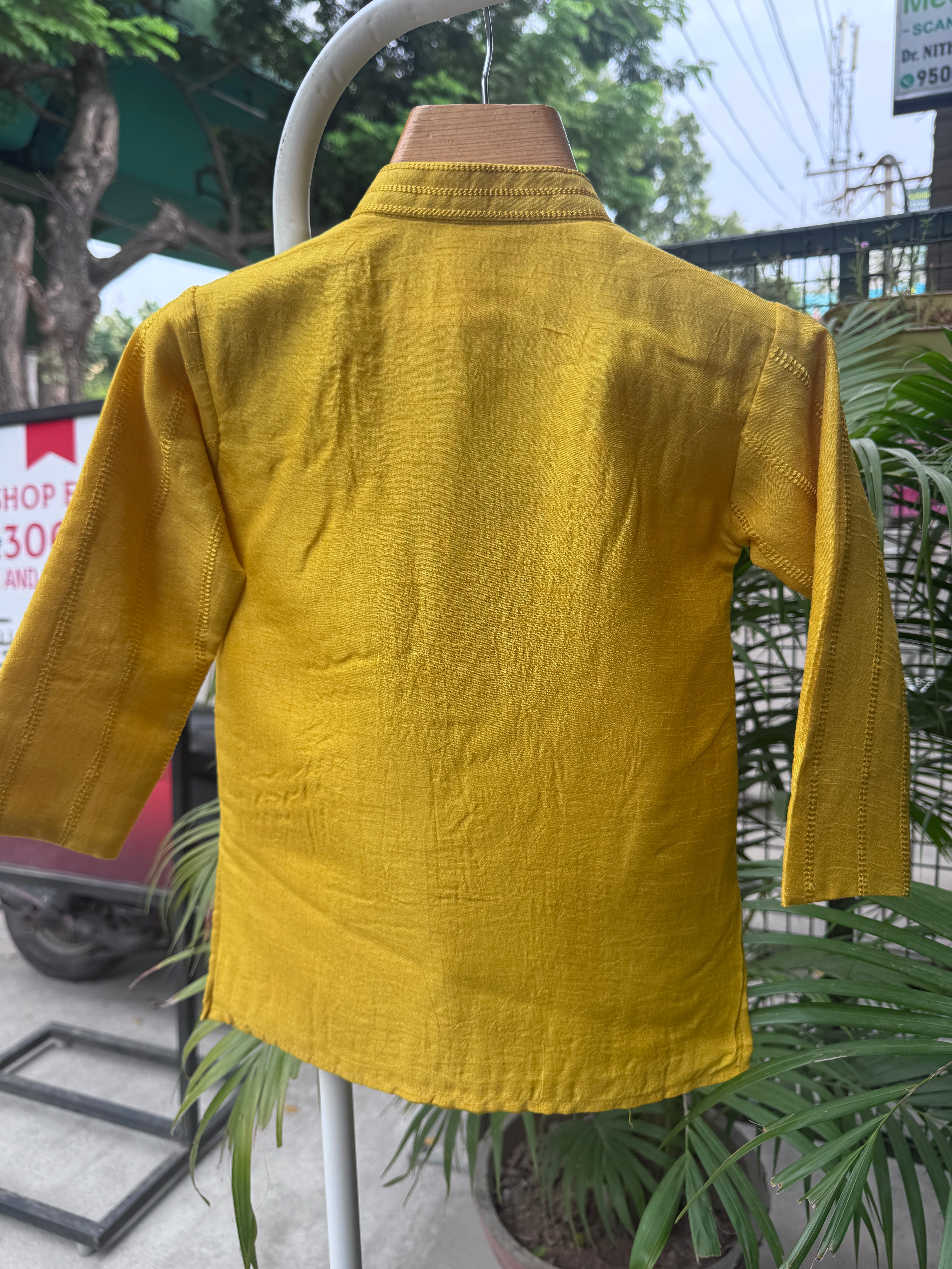 Boys Sunshine Yellow Textured Button Kurta Set With Cotton Lining – Elegant Festive & Haldi Wear (1–7 Years)